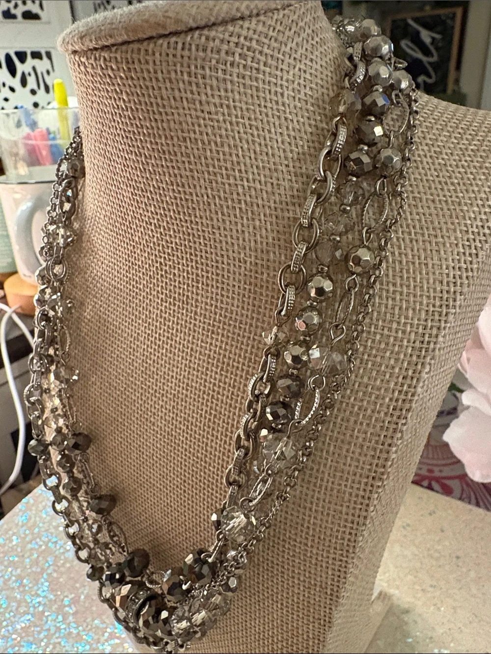 White House Black Market Smoky Gray Multi-Victorian Crystal Necklace